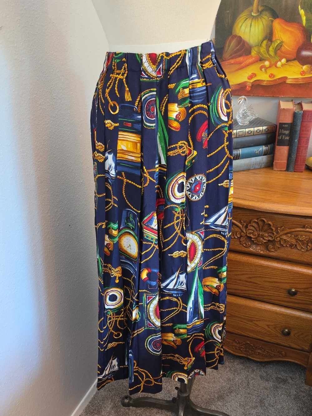Marisa Christina II  Navy Blue Nautical-Print Vintage Pleated Plus Size Sailboat